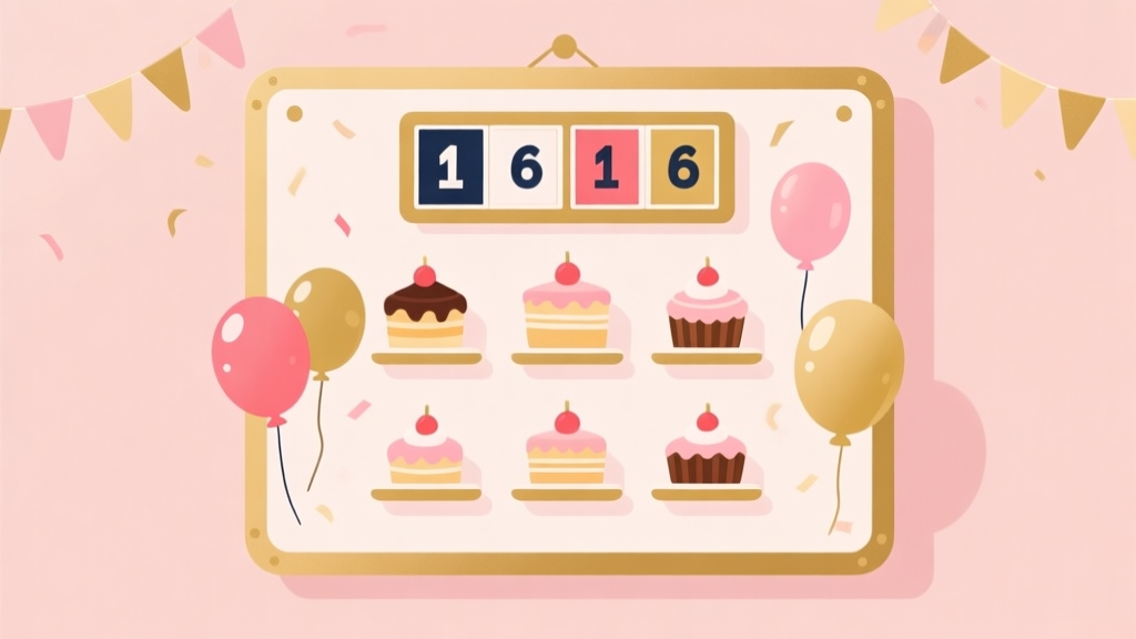 Ilustrasi minimalis papan permainan kasual dengan elemen pesta seperti balon dan kue tersusun rapi, skor besar terpampang di atas, warna pastel lembut dengan aksen emas, gaya desain bersih dan modern high quality illustration, detailed, 16:9