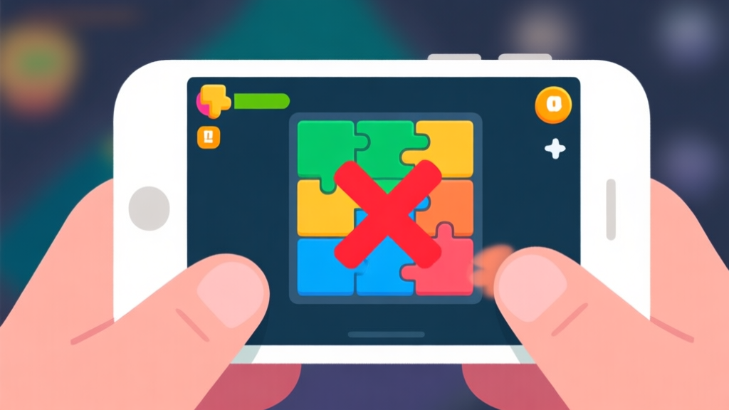 Ilustrasi layar ponsel dengan game puzzle warna yang sedang dimainkan, menunjukkan area yang salah diwarnai dengan tanda 'X' merah, latar belakang blur, gaya flat design yang bersih high quality illustration, detailed, 16:9