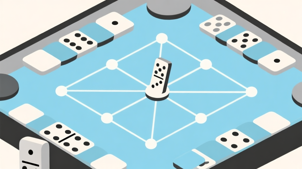 Ilustrasi abstrak papan carrom dan domino yang tumpang tindih, dengan garis-garis terang menghubungkan titik-titik strategis, skema warna biru muda dan abu-abu, gaya minimalis bersih, konsep strategi dan pola high quality illustration, detailed, 16:9