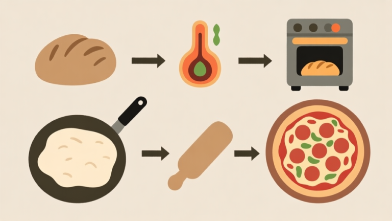 自动生成图片: Ilustrasi minimalis proses pembuatan piza dari bahan dasar hingga jadi, dengan panah dan ikon yang menunjukkan tahapan kritis seperti fermentasi adonan dan suhu oven, skema warna earth tone yang bersih, gaya infografis profesional high quality illustration, detailed, 16:9