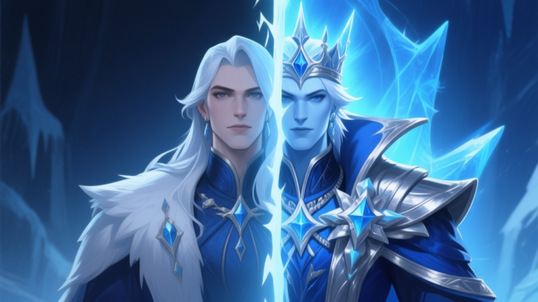 自动生成图片: Ilustrasi karakter game bergaya ratu es dengan dua sisi kontras, satu sisi dengan penampilan biasa dan sisi lain dengan dandanan lengkap serta aura strategis, warna dominan biru dan perak, gaya art game digital yang detail high quality illustration, detailed, 16:9