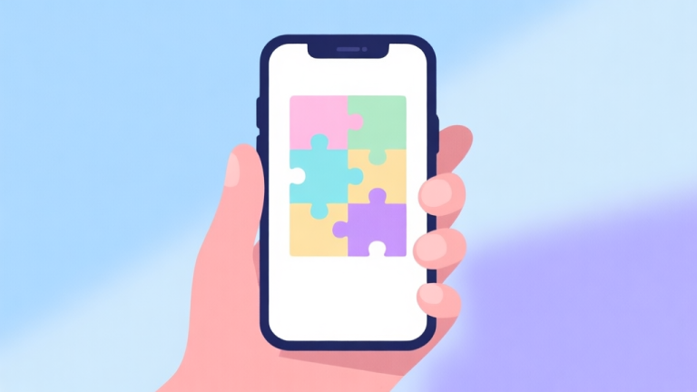 自动生成图片: Ilustrasi minimalis tangan memegang ponsel dengan layar menampilkan puzzle warna-warna pastel yang sedang diselesaikan, latar belakang lembut dan tenang, gaya garis bersih, nuansa biru muda dan lavender high quality illustration, detailed, 16:9