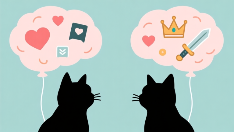 自动生成图片: Ilustrasi minimalis dua siluet kucing dalam balon pikiran yang penuh dengan ikon cerita (hati, mahkota, pedang), skema warna pastel lembut, gaya garis bersih, konsep konten kreatif high quality illustration, detailed, 16:9