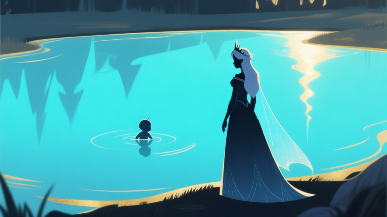 自动生成图片: Ilustrasi minimalis game dengan karakter siluet Putri Es berdiri di depan danau biru muda yang bersinar, ada bayangan kecil bayi yang abstrak di air, nuansa warna dingin dengan aksen emas hangat, desain bersih dan misterius high quality illustration, detailed, 16:9