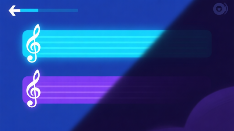 自动生成图片: Ilustrasi abstrak dari antarmuka game dengan dua baris not musik yang berbeda, satu terang dan satu tersembunyi di balik bayangan, skema warna biru dan ungu gelap, gaya minimalis clean, konsep gameplay tersembunyi high quality illustration, detailed, 16:9