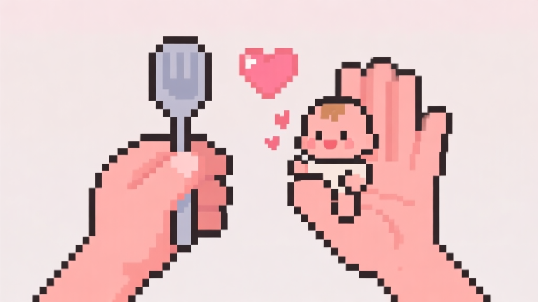 自动生成图片: Ilustrasi minimalis dua tangan bergaya game pixel art, satu tangan memegang sendok, yang lain adalah tangan kecil karakter balita, dengan latar belakang warna pastel lembut dan ikon hati kecil beterbangan, desain bersih dan sederhana high quality illustration, detailed, 16:9