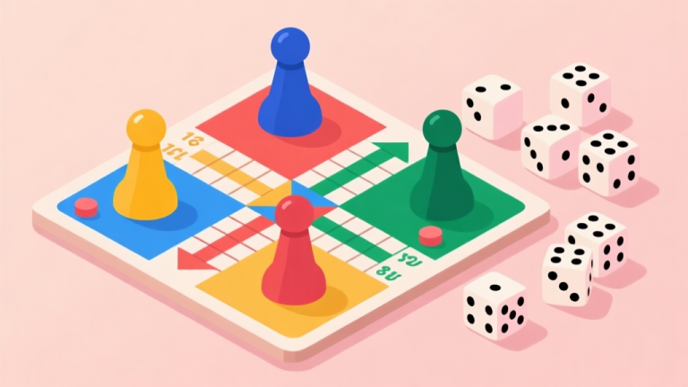 自动生成图片: Ilustrasi papan permainan Ludo klasik digital dengan empat pion warna berbeda di posisi start, dadu berserakan di sampingnya, gaya flat design minimalis dengan warna pastel lembut, nuansa clean dan modern high quality illustration, detailed, 16:9