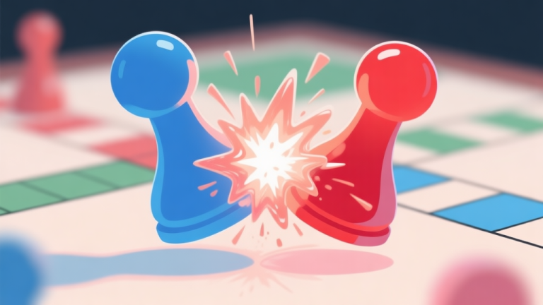 自动生成图片: Ilustrasi abstrak dua bidak Ludo (biru dan merah) bertabrakan dengan efek ledakan lembut seperti jelly atau agar-agar, warna pastel, latar belakang papan Ludo yang blur, gaya minimalis dan bersih high quality illustration, detailed, 16:9