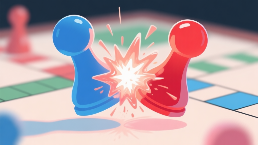 Ilustrasi abstrak dua bidak Ludo (biru dan merah) bertabrakan dengan efek ledakan lembut seperti jelly atau agar-agar, warna pastel, latar belakang papan Ludo yang blur, gaya minimalis dan bersih high quality illustration, detailed, 16:9