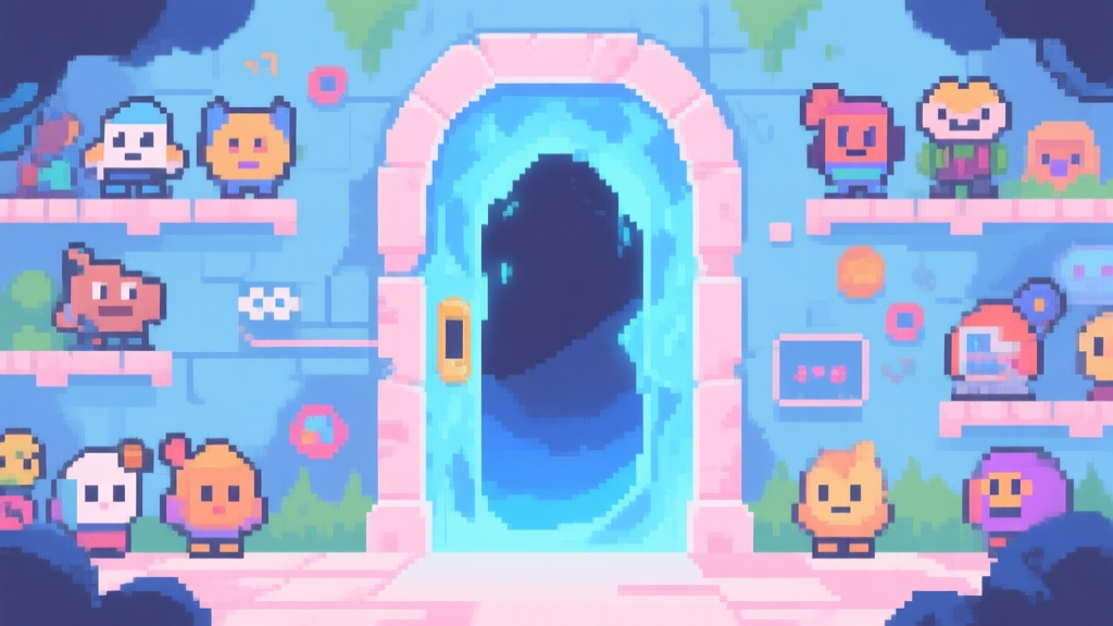 Ilustrasi digital yang menunjukkan pintu portal ajaib dengan nuansa warna pastel dan biru lembut, terhubung ke dunia game pixel art yang ramai dan penuh karakter unik, gaya minimalis dan imersif high quality illustration, detailed, 16:9