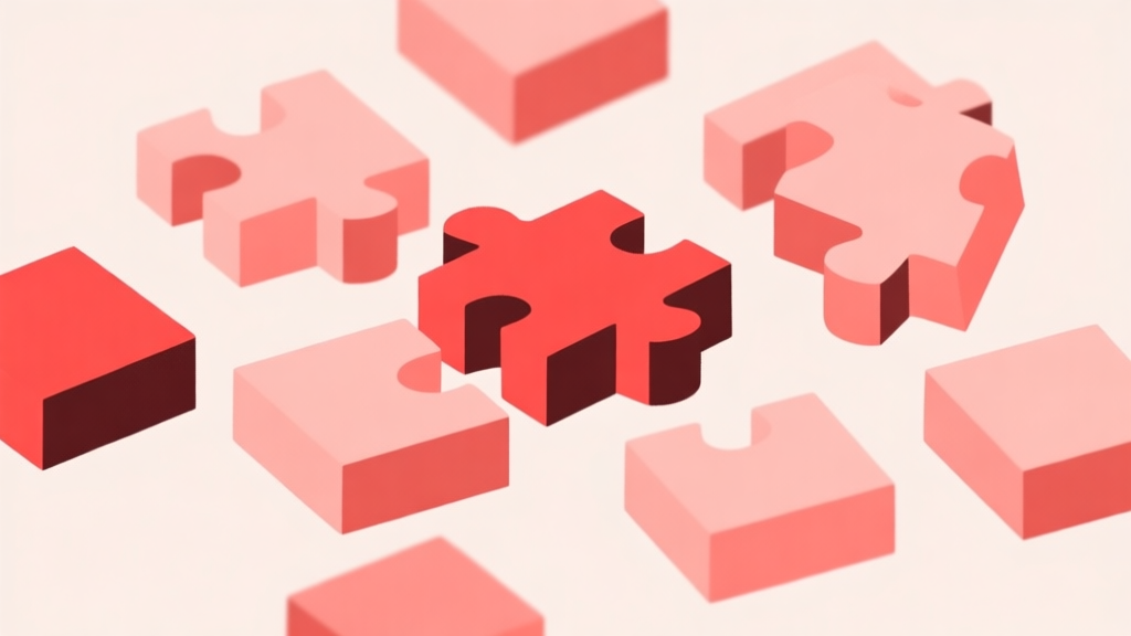 Ilustrasi minimalis blok puzzle berantakan dengan warna pastel redup, beberapa blok berwarna merah menandakan kesalahan penempatan, gaya clean dan abstrak high quality illustration, detailed, 16:9