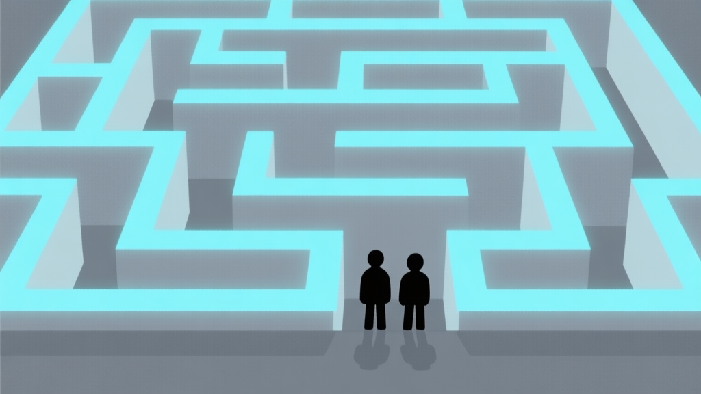 Ilustrasi minimalis dengan dua figur siluet kecil berdiri di depan labirin besar yang terbuat dari garis-garis terang, skema warna biru muda dan abu-abu, desain bersih, konsep tantangan awal permainan high quality illustration, detailed, 16:9