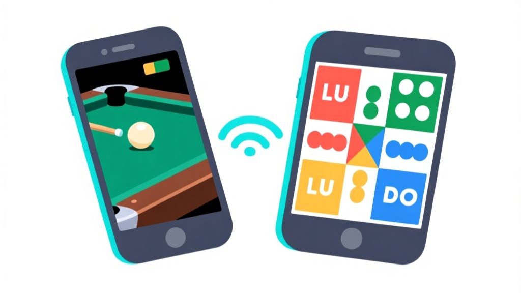 Ilustrasi minimalis dua ponsel dengan layar game billiard dan papan Ludo yang bersebelahan, dihubungkan oleh garis sinyal berwarna biru muda, latar belakang putih bersih, gaya flat design high quality illustration, detailed, 16:9