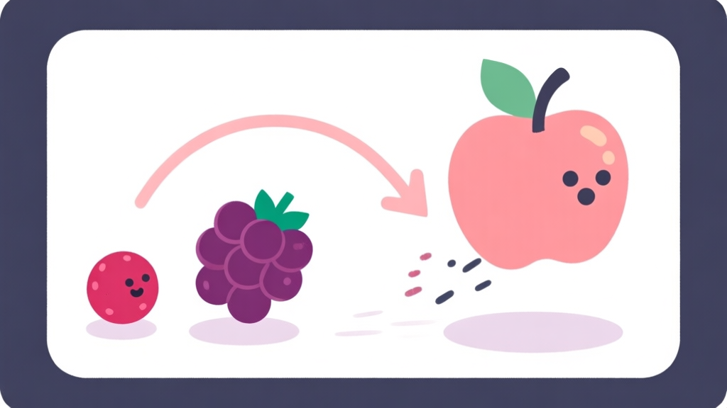 Ilustrasi minimalis buah-buahan game (seperti berry atau apel stylized) dengan jejak panah melengkung di belakangnya, menunjukkan lintasan pelarian. Skema warna pastel lembut dengan latar putih bersih, gaya flat design. high quality illustration, detailed, 16:9