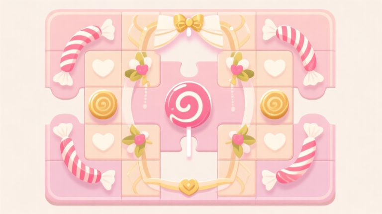 自动生成图片: Ilustrasi papan puzzle game dengan bentuk permen dan dekorasi pernikahan yang tersusun rumit, skema warna pastel lembut dengan aksen emas, desain minimalis yang bersih, gaya ilustrasi konsep game high quality illustration, detailed, 16:9