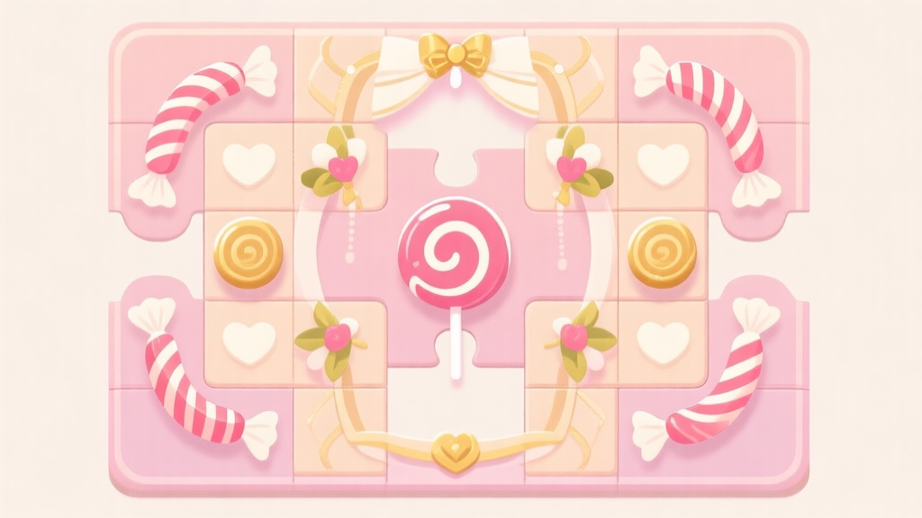 Ilustrasi papan puzzle game dengan bentuk permen dan dekorasi pernikahan yang tersusun rumit, skema warna pastel lembut dengan aksen emas, desain minimalis yang bersih, gaya ilustrasi konsep game high quality illustration, detailed, 16:9