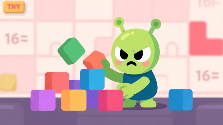 自动生成图片: Ilustrasi karakter Tiny Alien kartun yang lucu dan kecil, dengan ekspresi nakal, sedang mengacak-acak balok warna-warni di latar belakang game puzzle yang sederhana, gaya flat design dengan warna pastel high quality illustration, detailed, 16:9