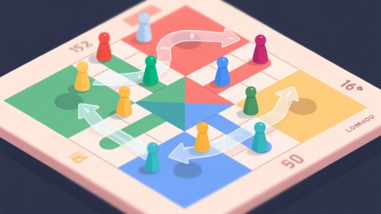 自动生成图片: Ilustrasi papan permainan Ludo digital dengan bidak-bidak berwarna berbeda tersebar, panah transparan menunjukkan jalur lompatan strategis, gaya minimalis dengan warna soft, komposisi clean high quality illustration, detailed, 16:9