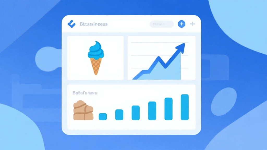 Ilustrasi minimalis dashboard game simulasi bisnis, menampilkan grafik profit yang naik, ikon es krim, dan bar bahan baku yang teratur, skema warna biru muda dan putih, desain bersih, gaya infografis high quality illustration, detailed, 16:9