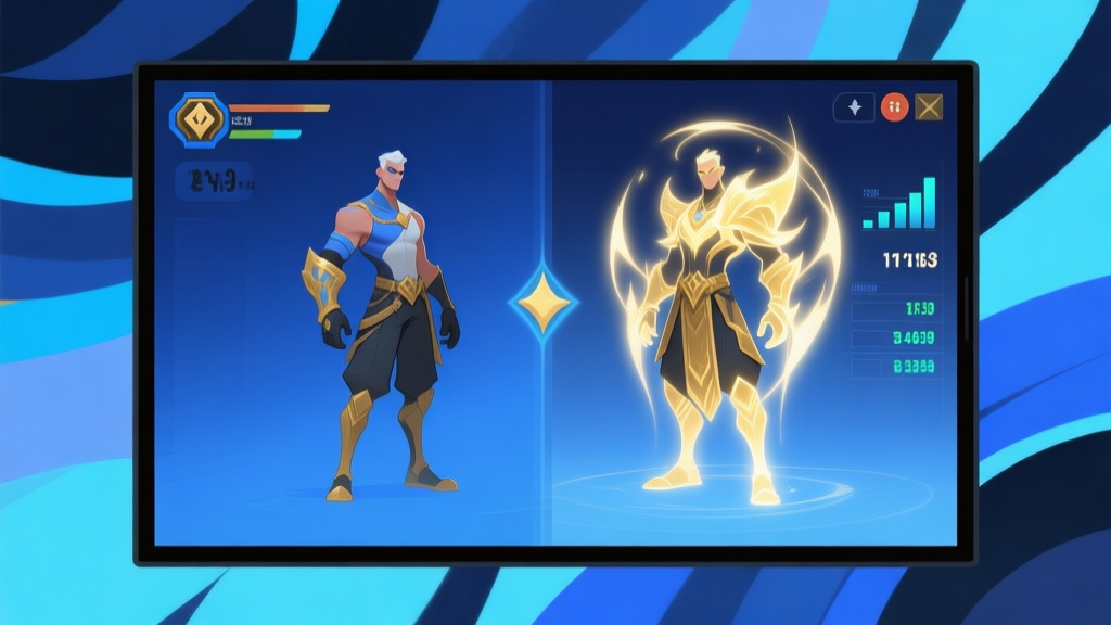 Ilustrasi kontras dua karakter game di layar kustomisasi, satu dengan skin biasa dan satunya dengan aura atau efek statistik yang terlihat, gaya seni digital minimalis dengan warna biru dan emas, latar belakang abstrak high quality illustration, detailed, 16:9