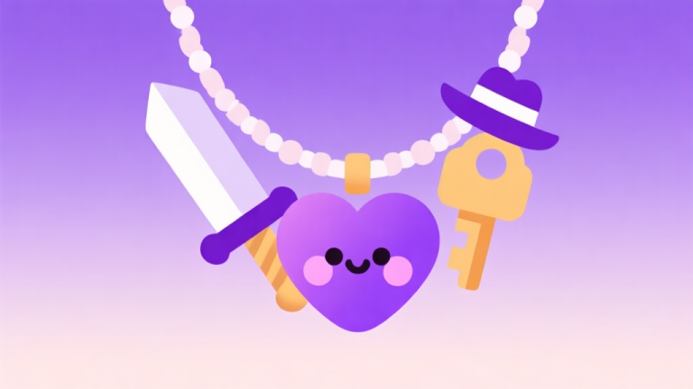 自动生成图片: Ilustrasi konsep abstrak dengan ikon game seperti pedang, hati, dan kunci yang tersembunyi di balik perhiasan kalung ungu yang imut, latar belakang gradient lembut, gaya minimalis bersih, skema warna ungu dan pastel high quality illustration, detailed, 16:9