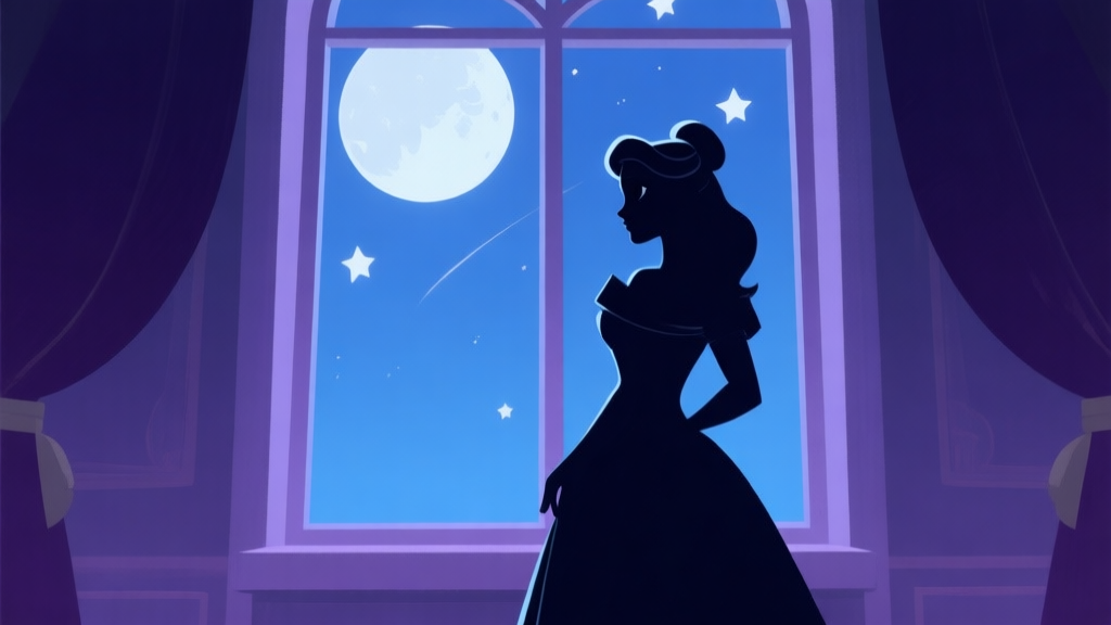 Ilustrasi minimalis dengan siluet karakter game elegan (Belle) berdiri di depan jendela yang menampilkan bulan dan bintang, skema warna biru tua dan ungu muda, nuansa misterius dan elegan, gaya seni konsep game high quality illustration, detailed, 16:9