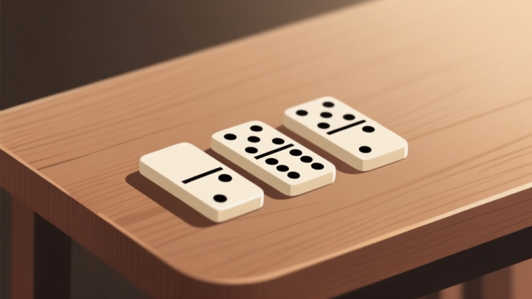 自动生成图片: Ilustrasi minimalis dari tiga baris kartu domino yang tersusun rapi di atas meja kayu, dengan satu baris ketiga yang disorot dengan cahaya lembut, skema warna earth tone, gaya clean dan informatif high quality illustration, detailed, 16:9