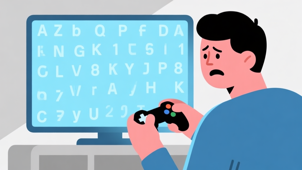 Ilustrasi minimalis seorang pemain game sedang memegang controller dengan ekspresi bingung, dihadapkan pada layar penuh huruf acak. Skema warna biru muda dan abu-abu, gaya clean dan flat design, fokus pada emosi kebingungan dan solusi. high quality illustration, detailed, 16:9