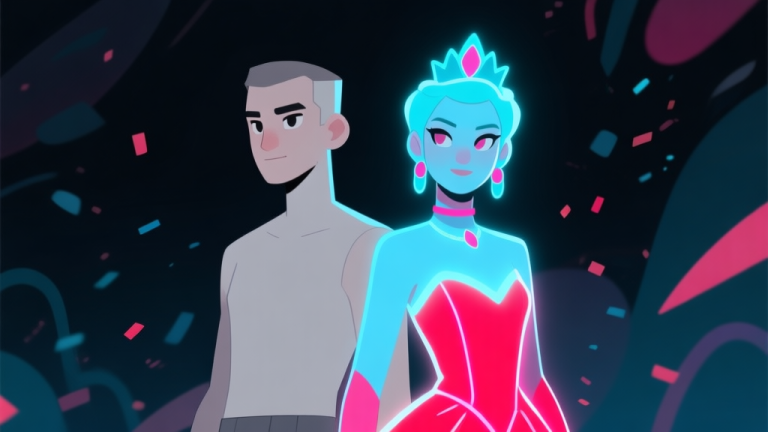 自动生成图片: Ilustrasi minimalis dua karakter game berdampingan, satu dengan skin biasa warna netral, satu dengan skin Putri Fesyen Neon yang memancarkan cahaya lembut biru dan merah muda, latar belakang gelap dengan partikel abstrak, gaya clean digital art high quality illustration, detailed, 16:9