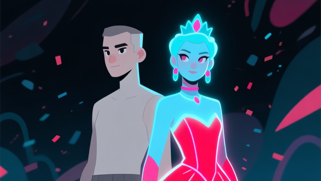 Ilustrasi minimalis dua karakter game berdampingan, satu dengan skin biasa warna netral, satu dengan skin Putri Fesyen Neon yang memancarkan cahaya lembut biru dan merah muda, latar belakang gelap dengan partikel abstrak, gaya clean digital art high quality illustration, detailed, 16:9