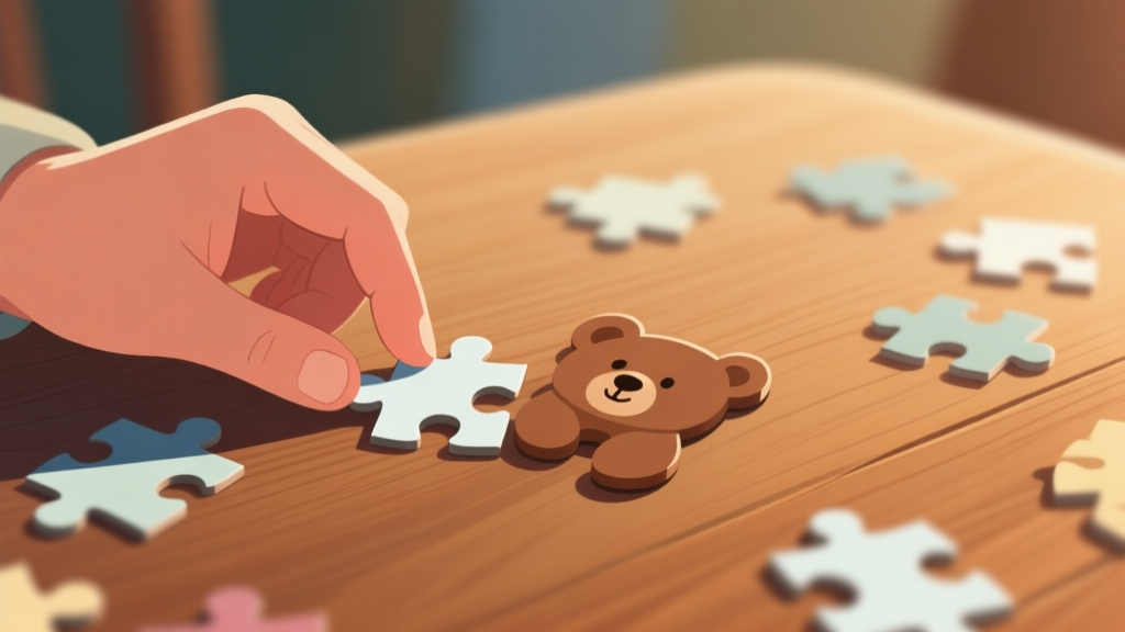Ilustrasi tangan yang sedang menyusun potongan puzzle beruang tedi di atas meja kayu, dengan latar belakang blur potongan puzzle lainnya yang tersebar, suasana tenang dan fokus, gaya ilustrasi digital yang hangat high quality illustration, detailed, 16:9