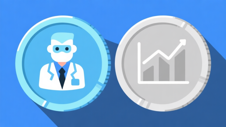 自动生成图片: Ilustrasi minimalis dua sisi koin. Satu sisi menunjukkan ikon avatar game dengan jas lab, sisi lain menunjukkan grafik statistik sederhana. Warna dominan biru muda dan abu-abu, gaya clean vector, konsep pilihan atau kontras. high quality illustration, detailed, 16:9