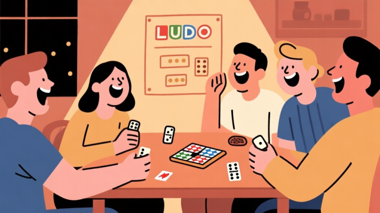 自动生成图片: Ilustrasi minimalis beberapa orang tertawa di sekitar meja dengan papan Ludo dan kartu domino, gaya garis sederhana, warna hangat dan ramah, nuansa game night yang santai high quality illustration, detailed, 16:9