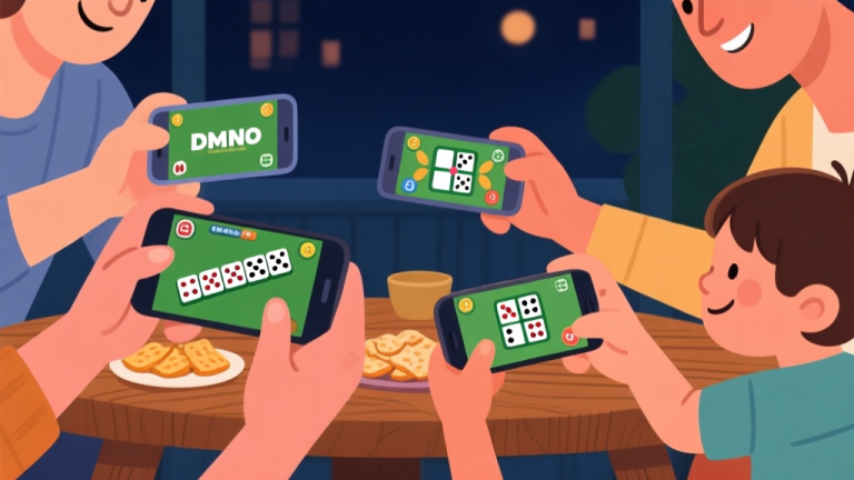 自动生成图片: Ilustrasi digital yang hangat dan ceria, menunjukkan beberapa tangan berbeda (dewasa dan anak) memegang ponsel dengan layar yang menampilkan game domino dan ludo, di atas meja kayu dengan camilan ringan, suasana malam yang akrab, gaya ilustrasi flat design dengan warna-warna earth tone yang lembut high quality illustration, detailed, 16:9