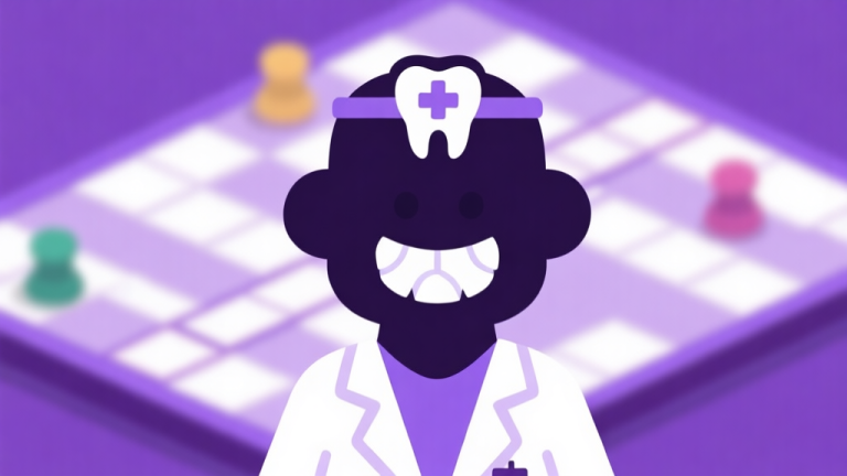 自动生成图片: Ilustrasi karakter game Ludo dengan tema unik, menampilkan siluet karakter dengan aksesori dokter gigi stylized, latar belakang papan permainan Ludo yang samar, warna dominan ungu dan putih, gaya flat design yang bersih high quality illustration, detailed, 16:9