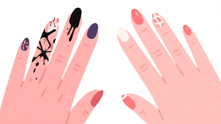 自动生成图片: Ilustrasi close-up dua tangan dengan kuku yang kontras, satu tangan dengan nail art yang berantakan dan cat beleber, satunya lagi dengan desain yang rapi dan sempurna, gaya ilustrasi flat design yang bersih dengan warna-warna pastel, latar belakang putih high quality illustration, detailed, 16:9