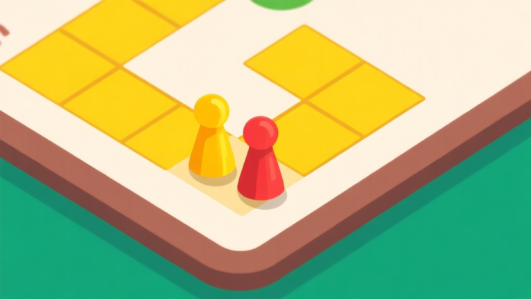 自动生成图片: Ilustrasi papan permainan Ludo digital yang bersih, fokus pada satu sudut jalur berwarna kuning. Dua pion kuning berdiri di kotak yang berdekatan, menghalangi satu pion merah yang terlihat terhenti di depannya. Tampilan dari atas, gaya flat design minimalis dengan warna-warna cerah tapi tidak terlalu mencolok. high quality illustration, detailed, 16:9