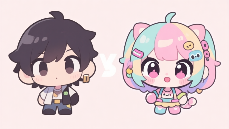 自动生成图片: Ilustrasi kontras side-by-side karakter game: satu karakter dengan fitur default biasa dan satu karakter 'kawaii' yang telah dikustomisasi dengan mata ekspresif, rambut berwarna pastel, dan aksesori lucu, gaya anime minimalis, warna soft pastel high quality illustration, detailed, 16:9
