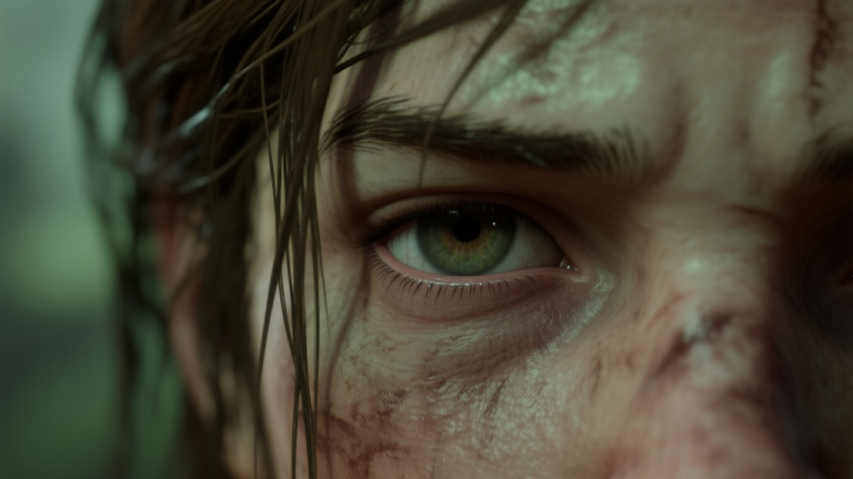 自动生成图片: Close-up shot of a weathered, determined eye peering through strands of hair, muted green and brown color palette, shallow depth of field, evoking the tense atmosphere of The Last of Us, photorealistic game art style high quality illustration, detailed, 16:9