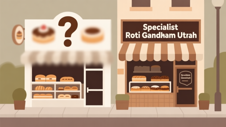 自动生成图片: Ilustrasi dua toko kue berdampingan, satu dengan tanda tanya besar dan blur, satunya dengan papan nama jelas "Specialist Roti Gandum Utuh", gaya flat design minimalis, warna earth tone, konsep positioning bisnis high quality illustration, detailed, 16:9