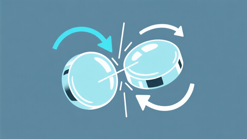 Ilustrasi minimalis dua kelereng kaca yang sedang bertabrakan, dengan garis panah tipis berwarna biru muda dan putih menunjukkan arah putaran dan pantulan, latar belakang polos, gaya diagram teknis yang bersih high quality illustration, detailed, 16:9