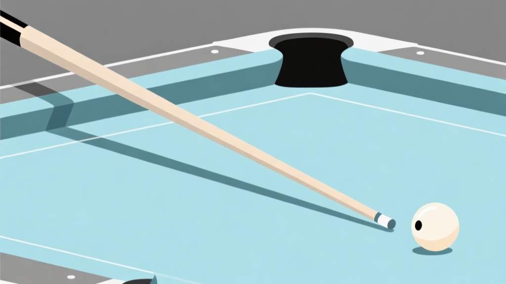 Ilustrasi diagram garis sumbu pukulan billiard yang bersih dan minimalis, menunjukkan garis lurus dari siku, lengan bawah, hingga ujung cue stick, dengan warna netral abu-abu dan biru muda, gaya infografis profesional high quality illustration, detailed, 16:9