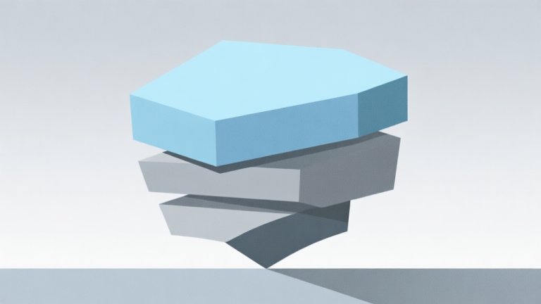 自动生成图片: Ilustrasi minimalis bentuk geometri tidak beraturan bertumpuk dengan goyah, skema warna pastel biru dan abu-abu, gaya desain bersih, konsep ketidakstabilan high quality illustration, detailed, 16:9