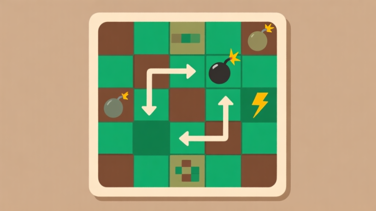 自动生成图片: Ilustrasi minimalis papan permainan puzzle dengan kotak-kotak hijau dan coklat tersusun, beberapa blok khusus seperti bom dan petir terlihat samar, dengan panah strategis yang melingkari area tertentu, skema warna earth tone yang tenang, desain bersih high quality illustration, detailed, 16:9
