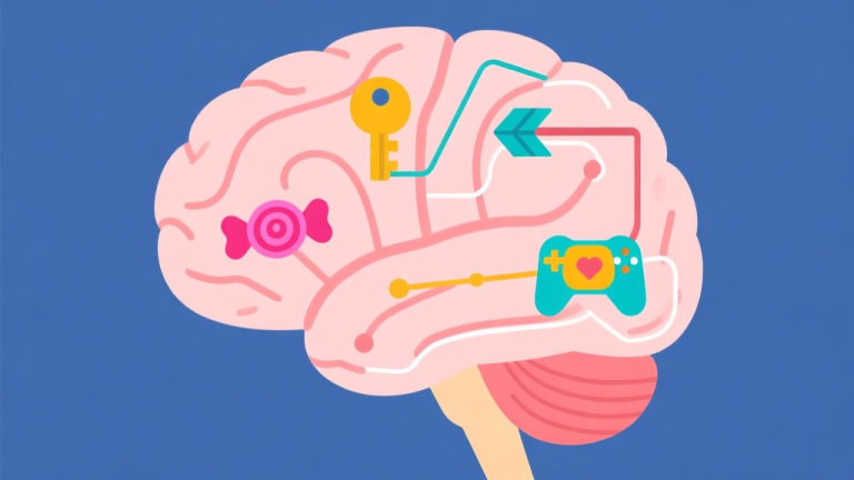 自动生成图片: Ilustrasi abstrak dari otak manusia dengan ikon-ikon game seperti permen berwarna, kunci, dan panah yang membentuk sirkuit, skema warna pastel lembut, gaya minimalis bersih, konsep psikologi dan desain high quality illustration, detailed, 16:9