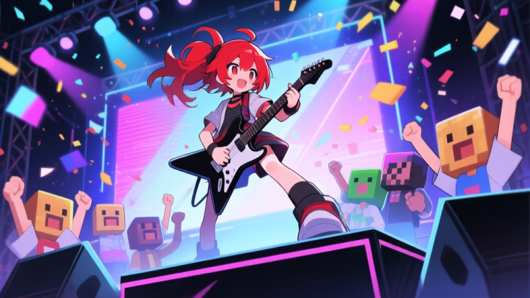 自动生成图片: Ilustrasi gaya game dengan karakter anime berambut merah sedang memainkan gitar listrik di atas panggung konser virtual, dikelilingi oleh pemain avatar yang bersorak, latar belakang neon dan efek partikel, gaya seni digital yang dinamis high quality illustration, detailed, 16:9