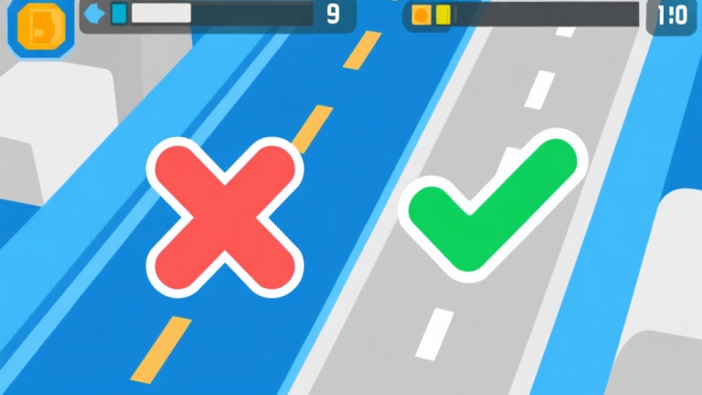 自动生成图片: Ilustrasi minimalis dari dua jalur waktu dalam game, satu menunjukkan penggunaan kemampuan di waktu yang salah dengan simbol 'X' merah, dan satu dengan timing tepat dengan simbol centang hijau, skema warna biru dan abu-abu, gaya diagram taktis yang bersih high quality illustration, detailed, 16:9