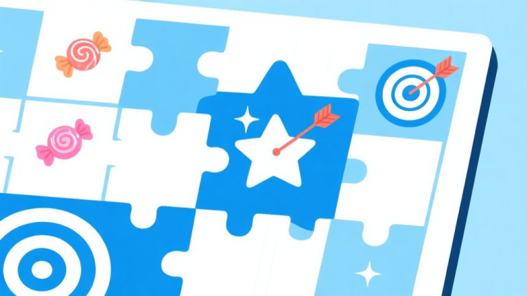 自动生成图片: Ilustrasi minimalis papan permainan puzzle dengan bintang-bintang permen bersinar dan panah prioritas yang mengarah ke target, skema warna biru muda dan putih, gaya desain bersih, konsep strategi high quality illustration, detailed, 16:9