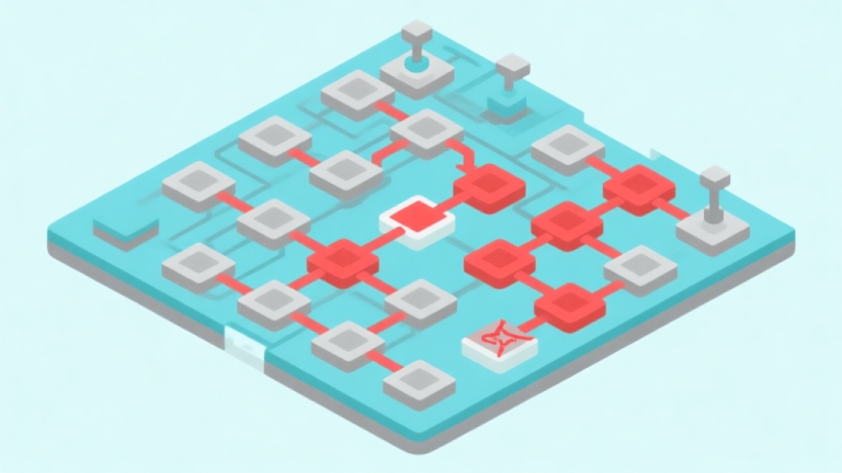 自动生成图片: Ilustrasi konsep game dengan diagram alur percabangan yang rumit dan beberapa jalur berwarna merah (gagal), latar belakang minimal, skema warna biru muda dan abu-abu, gaya desain bersih high quality illustration, detailed, 16:9