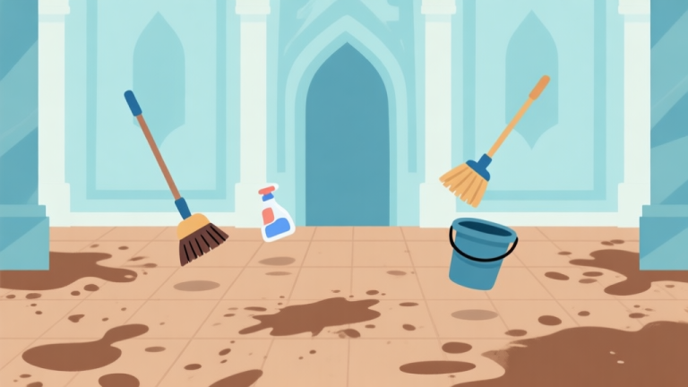 自动生成图片: Ilustrasi game bergaya minimalis, menunjukkan lantai istana yang kotor dengan debu dan noda abstrak, serta ikon-ikon alat kebersihan seperti sapu dan ember melayang di sekitarnya. Skema warna pastel lembut dengan aksen biru muda dan coklat tanah, desain bersih dan datar high quality illustration, detailed, 16:9